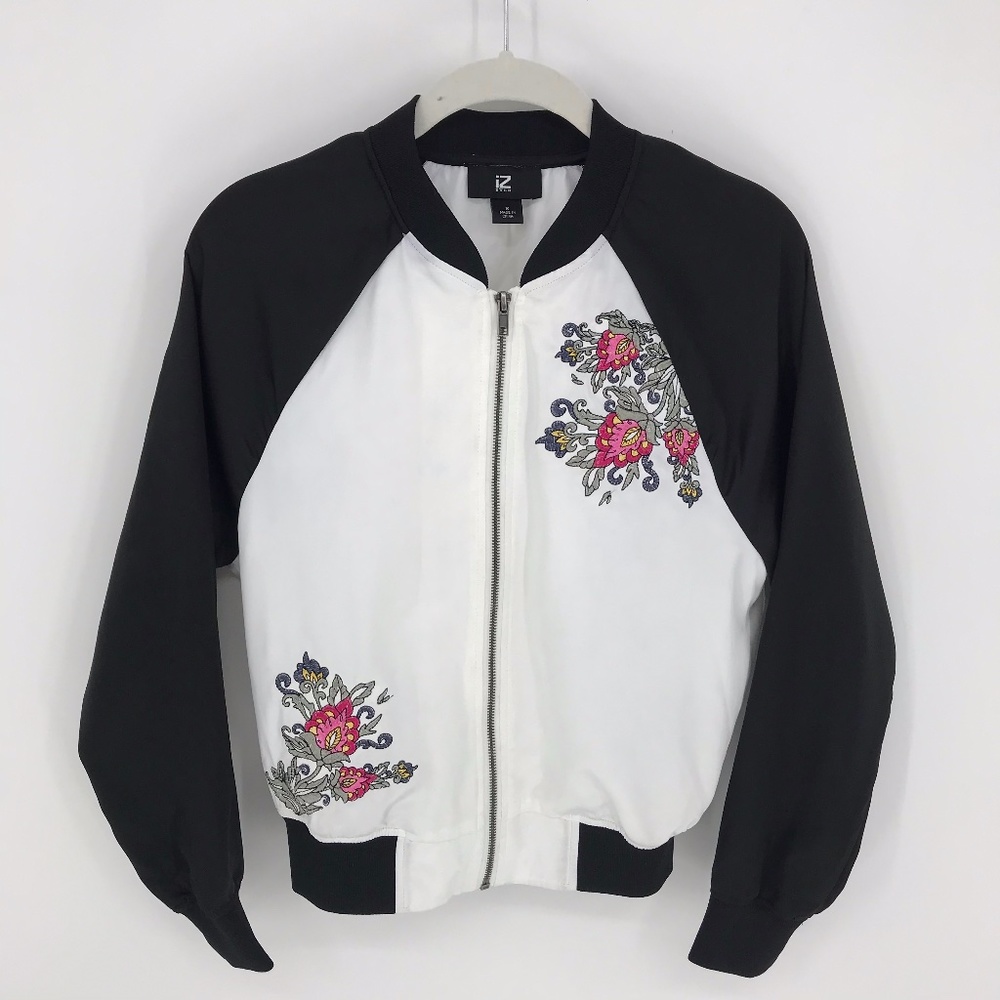 IZ Byer Flower Embroidered Black and White Bomber